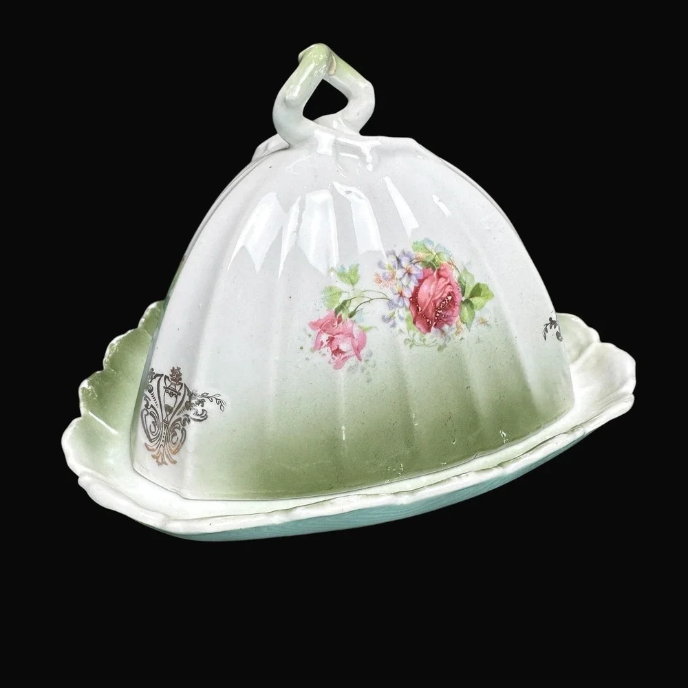 Antique Victorian Porcelain Cheese Butter Dome Rose Floral Green‎ Gold Crest 2pc